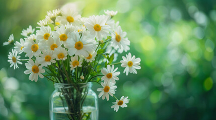 Fototapeta premium Wild daisy flowers growing on meadow, white chamomiles on green grass background. Green grass and chamomile in the meadow. Spring or summer nature scene with blooming white daisies in sun glare. 