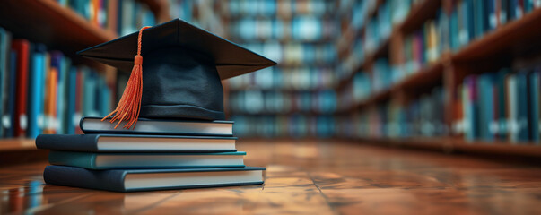 graduation hat on books education banner poster concept