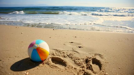 Fototapeta na wymiar Tranquil Shoreline with Playful Beach Ball AI Generated.