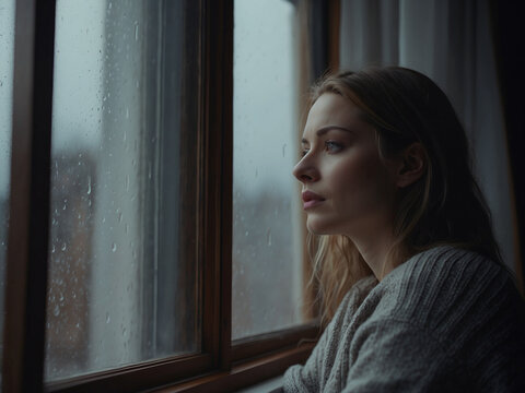 Mental Health Struggle, Woman in a Pensive Mood Waiting by the Window at Home.