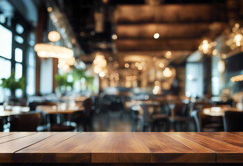 Wood table top with blur restaurant interior in background stock photo