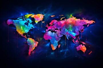 Fototapeta premium The neon graffiti world map merges vibrant urban artistry with traditional cartography, creating an electrifying depiction of global geography
