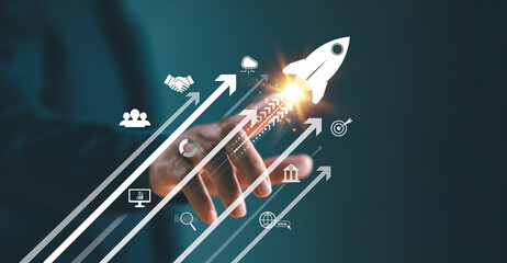 Growth strategy busines trend concept. Businessman hand on arrow investment icon. Increase sale marketing, increase success potential, soar rocket towards wealth. Competitive business goal plan .