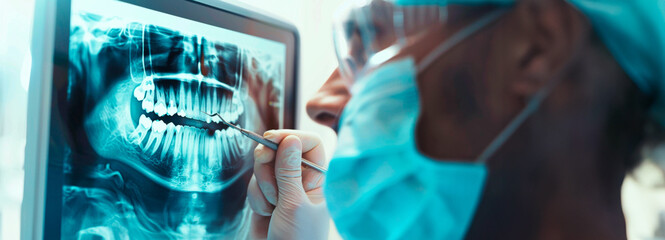 A healthcare professional intently examines a dental X-ray on a screen, wearing safety glasses, highlighting detailed dental analysis and diagnostics.