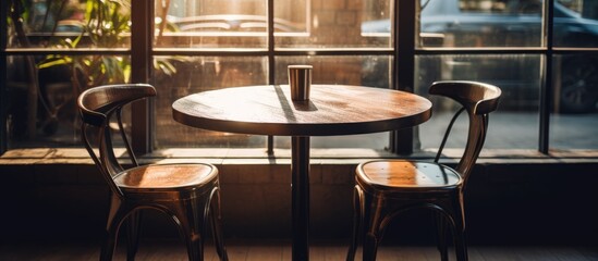 Metal and wooden table in a restaurant with sunlight shining through windows.