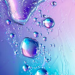Abstract neon holographic multicolored rainbow background with oily drops. Drinks, cosmetics, spa, chemistry.  concept close-up with space for text, for banner,  poster, 