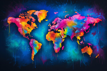 The neon graffiti world map merges vibrant urban artistry with traditional cartography, creating an electrifying depiction of global geography