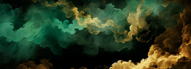 Whirls of dark green and clouds of gold simulate a tempestuous atmosphere, a stunning piece of abstract art that stirs imagination and ignites curiosity. Banner. Copy space. - obrazy, fototapety, plakaty