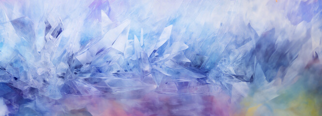 Translucent crystals in blues and pinks mimic a frozen dawn landscape, their intricate details creating a serene, otherworldly scene. Banner. Copy space.