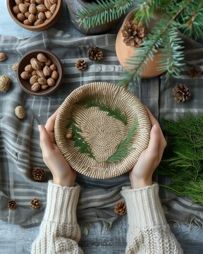Hands Holding a Woven Basket with Pine Needles and Festive Decor