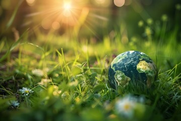 Globe on blooming field background with sun rays