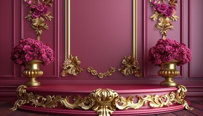 Obraz premium empty Podium and baroque gold motifs on red background, elegant style, used for displaying products