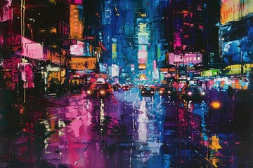 An abstract painting depicting the vibrant colors of a bustling cityscape at night, with neon lights reflecting off wet streets