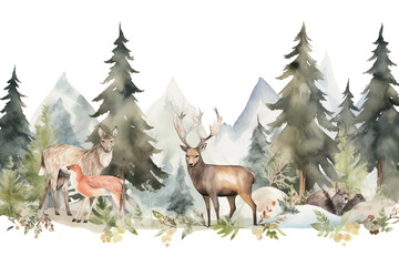 nursery moose fox wolf deer forest creatures pine watercolor flowers trees green fir animals composition illustration wild hare nature woodland wallpaper mountains