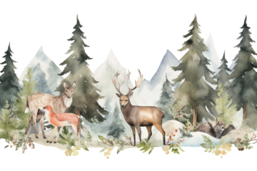 nursery moose fox wolf deer forest creatures pine watercolor flowers trees green fir animals composition illustration wild hare nature woodland wallpaper mountains