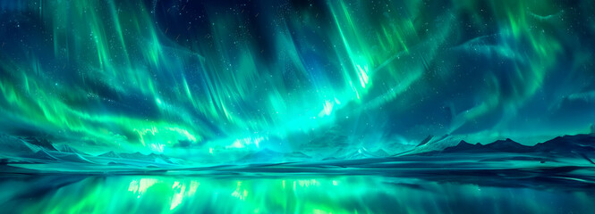 Spectacular northern lights over a snowy landscape reflecting in water, evoking nature's majesty.