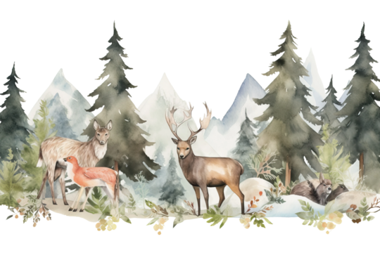 nursery moose fox wolf deer forest creatures pine watercolor flowers trees green fir animals composition illustration wild hare nature woodland wallpaper mountains