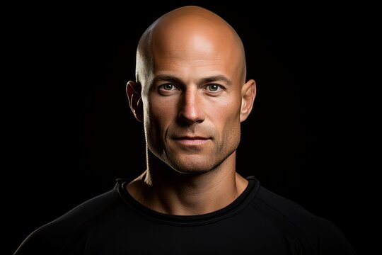 Portrait of a bald man in a black shirt on a black background
