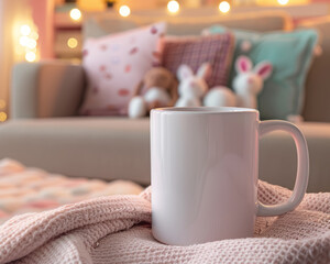 Fototapeta na wymiar A plain white mug placed on a warm and inviting living room scene, with a plush sofa adorned with pastel-colored cushions and throws, and cute rabbit decorations scattered around the room.