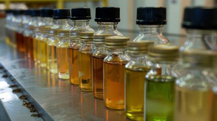 A series of small glass vials labeled Biofuel Samples sit on a laboratory bench each containing a slightly different shade of liquid inside. These samples are the result of