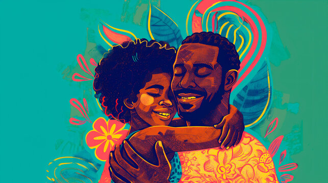 African father hugging daughter, flat digital illustration with digital grain noise, father's day memories, neon colors, fatherhood moments