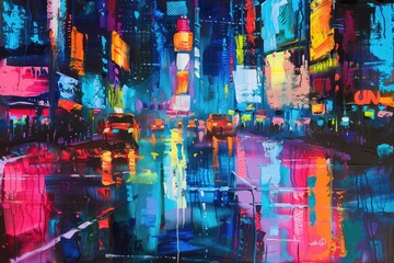 Naklejka premium An abstract painting depicting the vibrant colors of a bustling cityscape at night, with neon lights reflecting off wet streets