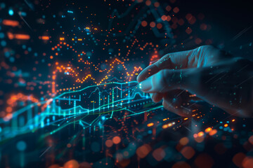 Fototapeta premium Digital businessman hand drawing growth graphs and financial data on a virtual screen background for trading market or stock exchange concept.