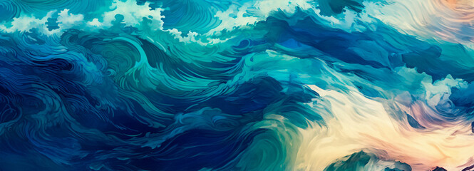 Fototapeta na wymiar Vivid azure and teal waves dynamically illustrate the ocean's ever-changing surface, showcasing the fluid, rhythmic motion and serene beauty of water. Banner. Copy space.