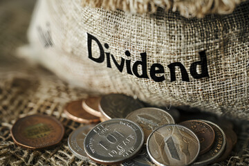 A sack of coins displays the word "Dividend". The concept of investing money in shares, investments. Business and finance, cryptocurrency