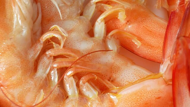 Served, boiled shrimp with shell emits inviting aroma of the sea. Shells offer satisfying crunch, adding texture, enhancing sensory experience. Food concept. Seafood background. 4K.
