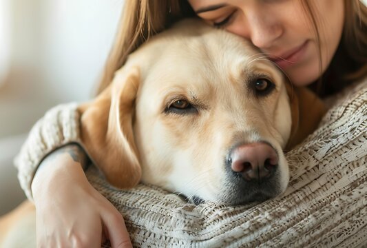 Front view, close up of a young owner holds her adorable Labrador retriever pet in her arms.