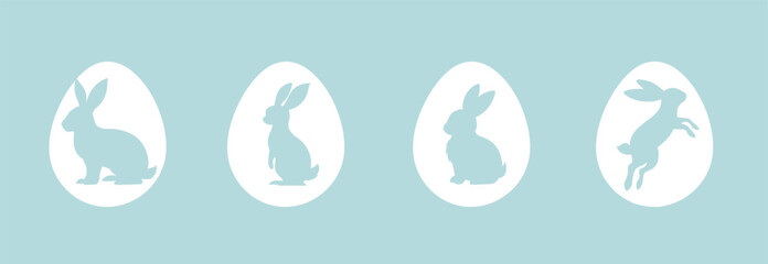 Easter egg hunt. Easter bunny set. Vector outline illustration of a rabbit. Bunny carved on isolated Easter egg. Eggs icons with rabbit. EPS 10