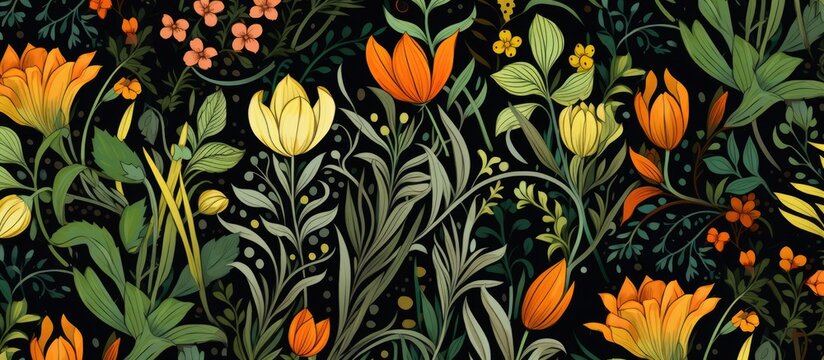 A beautiful art piece showcasing flowers and leaves against a dark background, highlighting the intricate details of Tulipa tarda and other flowering plants