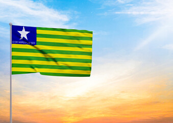 3D illustration of a Piaui flag extended on a flagpole and in the background a beautiful sky with a sunset