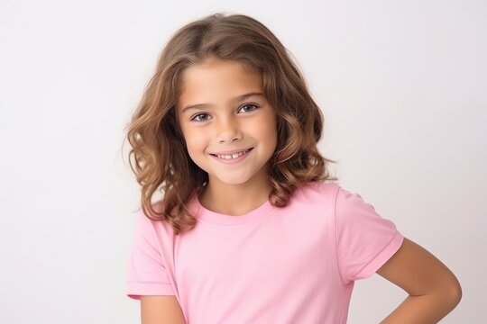 Portrait of a cute little girl in a pink t-shirt