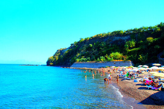 ISOLA DI PROCIDA, ITALY - SEPTEMBER 10, 2023: Lingua Beach. So-called because of its natural and volcanic nature tip facing north, this small but scenic beach is among the most beautiful in Procida