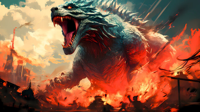 Godzilla Fearsome Dragon-Like Beast Attacking in a Fiery Urban Wasteland