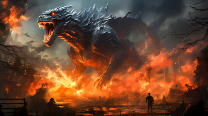 Colossal Godzilla Dragon-Like Monster Rampaging Through Burning City