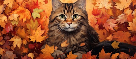 A Felidae, carnivore cat with whiskers and a snout is depicted sitting in a pile of leaves in a...