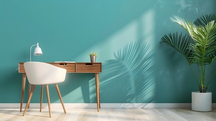 Home workplace with wooden drawer writing desk and white fabric chair near turquoise wall with copy space. Interior design of modern scandinavian home office. 