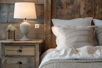 Rustic bedside table lamp illuminating modern bedroom with wooden headboard, reflecting French country, farmhouse, and Provence interior design.





