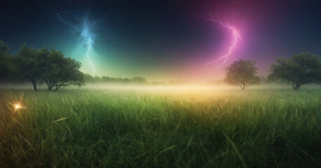 Obraz na płótnie Canvas Green Grass and Rainbow Storm Lightnings under the Moon