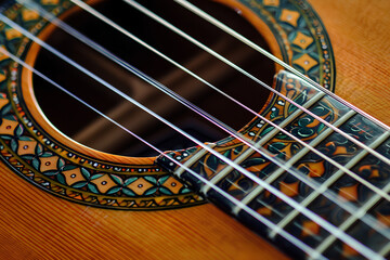 Obraz premium Macro view capturing the intricate details of guitar strings and the sound hole, showcasing the vibrant wooden texture of the instrument.