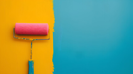 Obraz premium Close-up: colorful paint roller applies yellow and blue paint on multicolored wall, creating vibrant surface. Banner template with ample copy space.