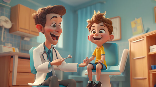 3d cartoon of a male dentist examine the boy's knee