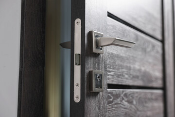 Open wooden door with metal handle, closeup