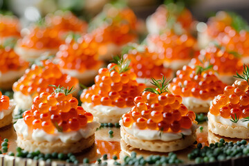 Exquisite hors d'oeuvres adorned with opulent red caviar, meticulously prepared to delight the senses.





