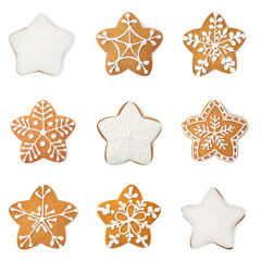 Tasty star shaped Christmas cookies with icing isolated on white, top view