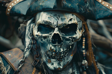 Portrait of a pirate skeleton on a ship. The mystical pirates are planning an attack. Creepy image