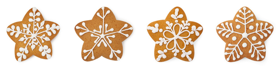 Tasty star shaped Christmas cookies with icing isolated on white, top view